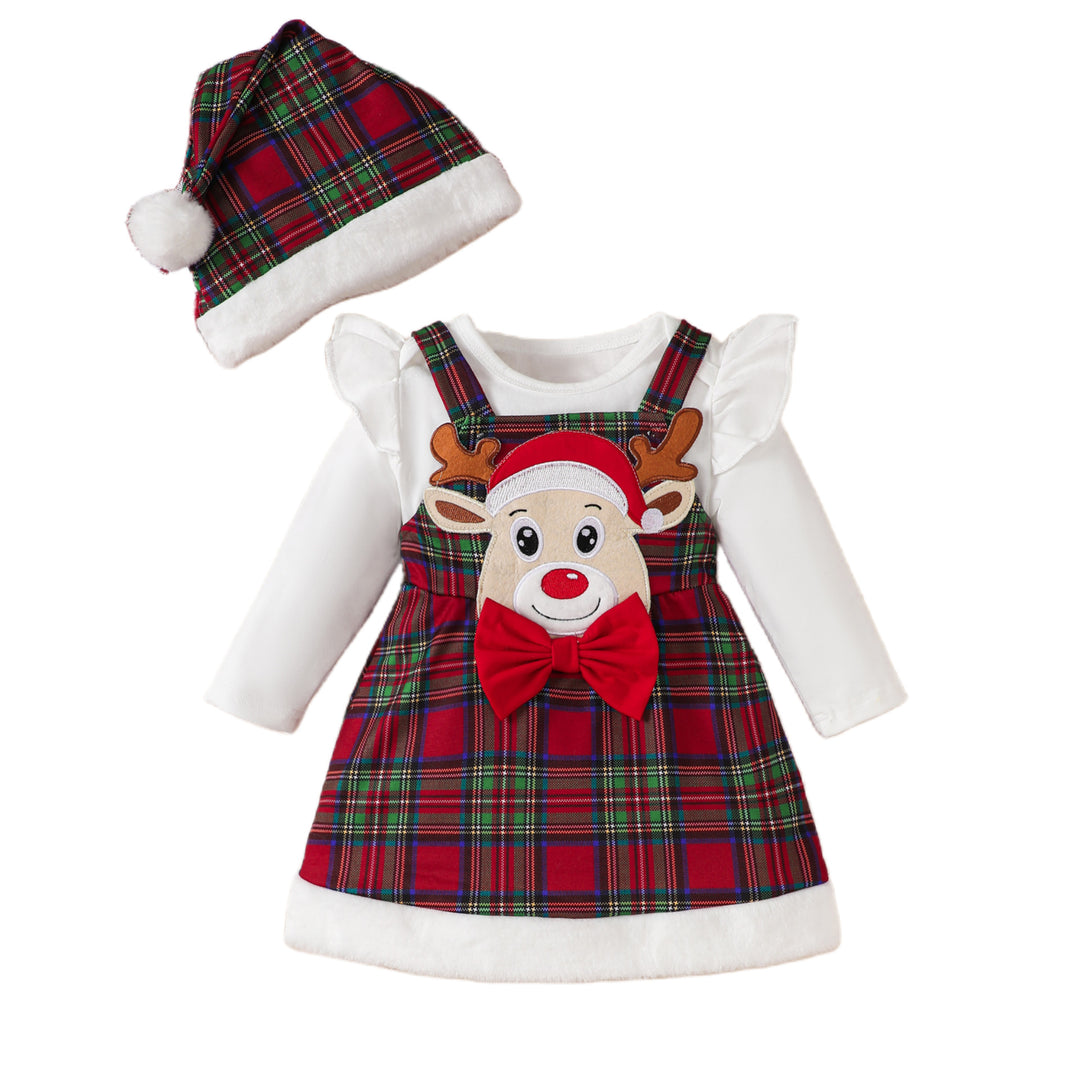 Baby Girl Autumn Long-sleeve Blouse Check Overall Dress Hair Band 3-piece Set